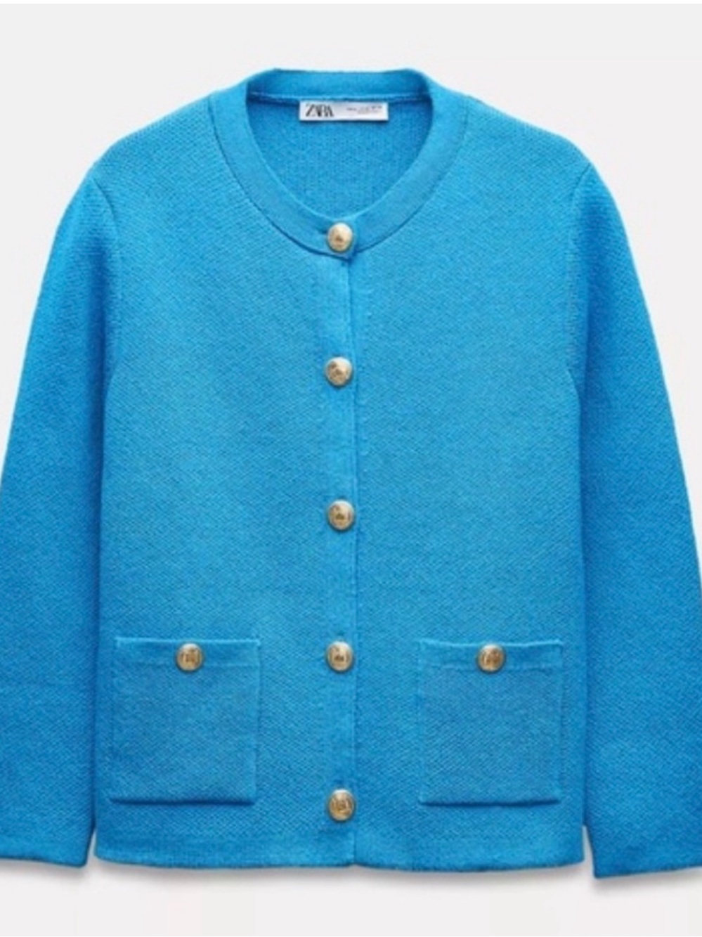 Zara blue knit cardigan sweater gold crest buttons